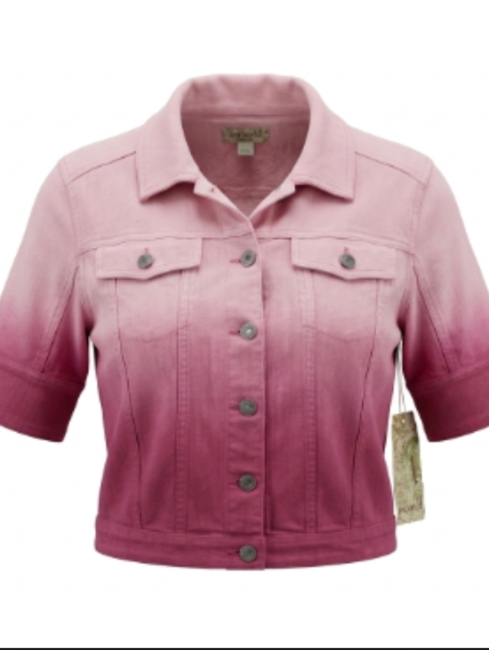 One World Pink Ombre Cropped Short Sleeve Button-Up Denim Trucker Jacket